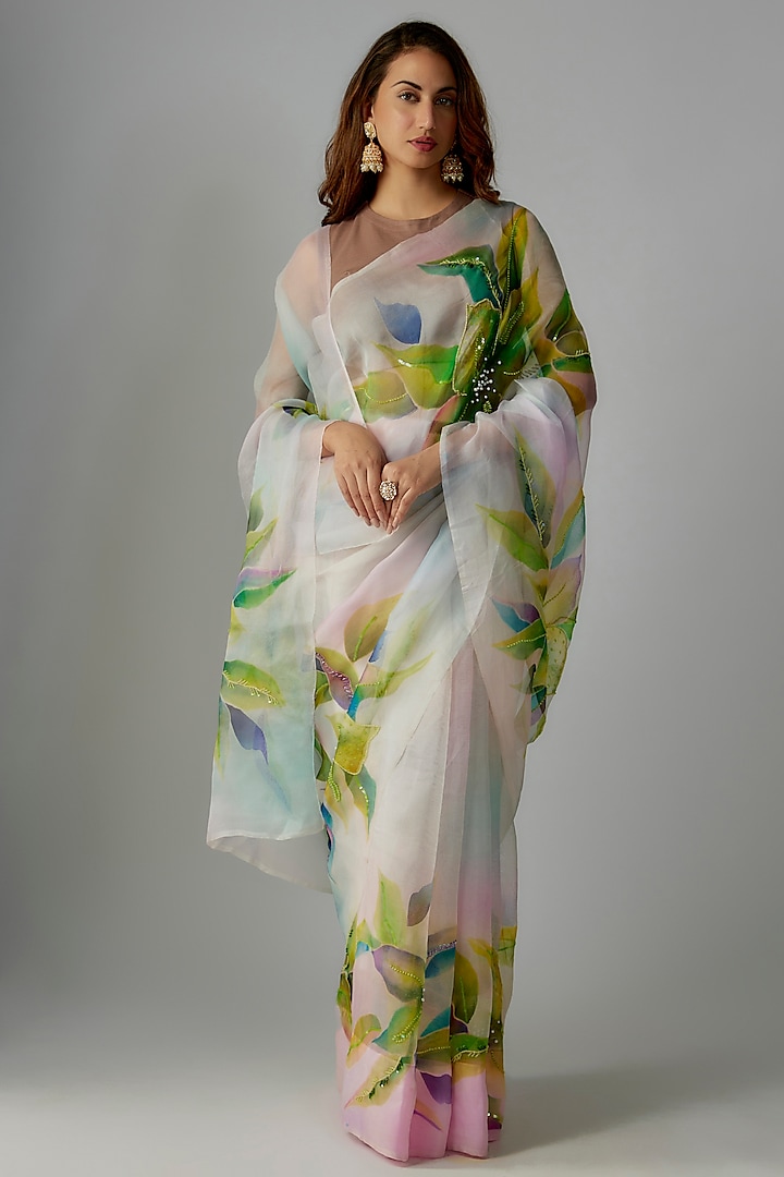 Off-White Pure Silk Organza Hand Embroidered & Hand Painted Saree Set by Priyanka Jha