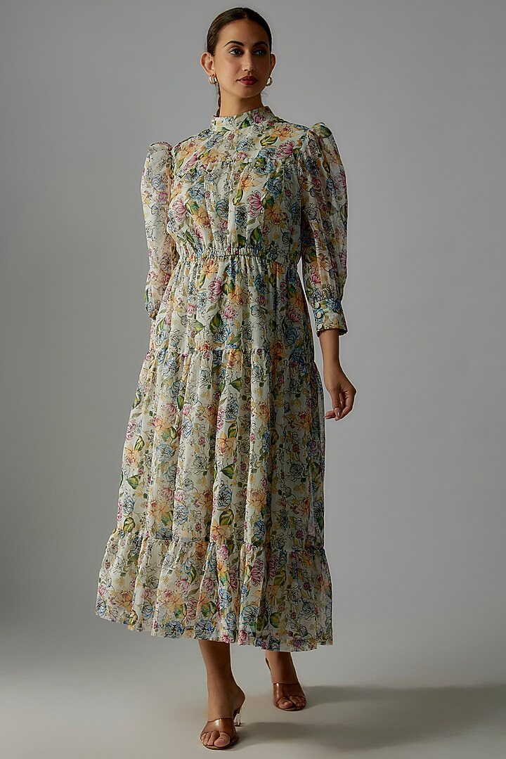 White Organza Digital Printed Summer Dress by Priyanka Jha at Pernia's Pop Up Shop