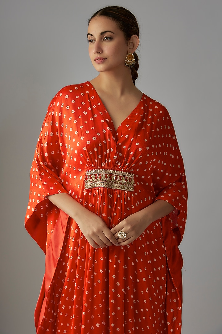 Dark Orange Modal Silk Hand Embroidered Bandhej Kaftan by Priyanka Jha at Pernia's Pop Up Shop