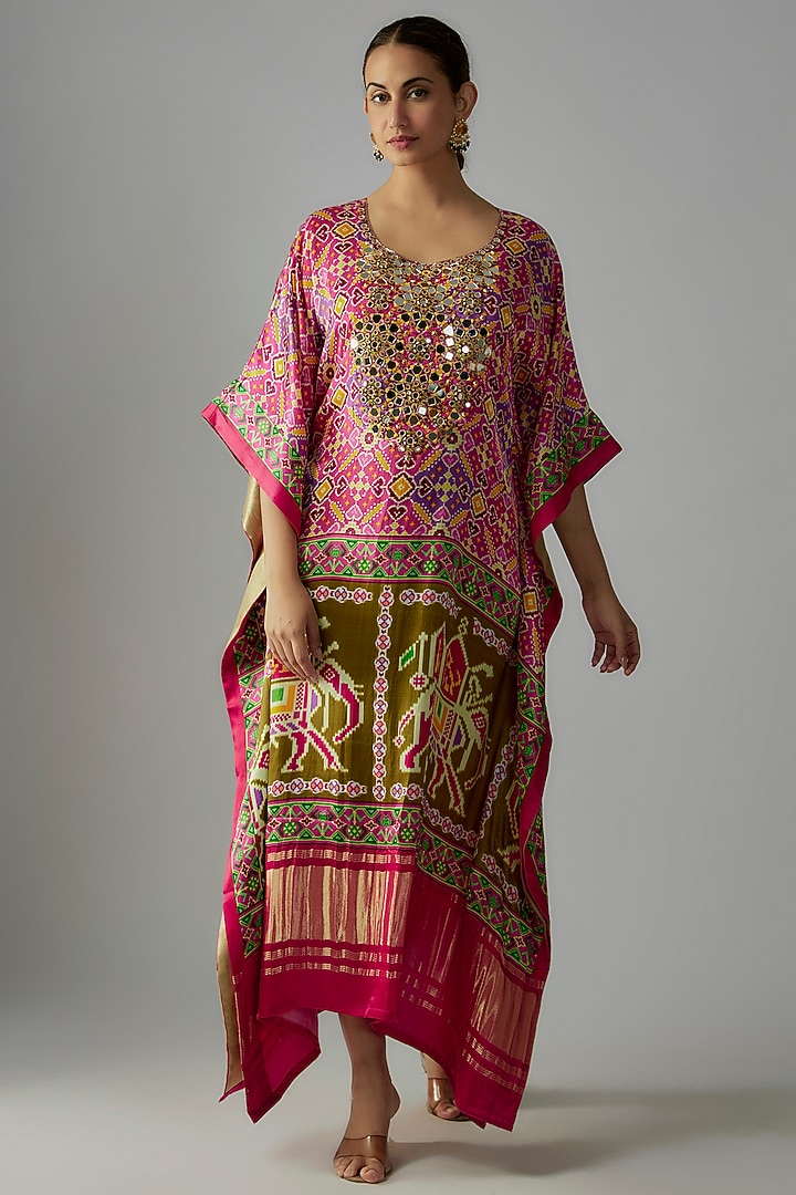 Pink Silk Patola Printed & Hand Embroidered Kaftan by Priyanka Jha at Pernia's Pop Up Shop