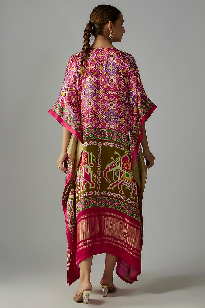 Pink Silk Patola Printed & Hand Embroidered Kaftan by Priyanka Jha at Pernia's Pop Up Shop