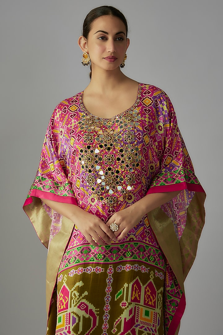 Pink Silk Patola Printed & Hand Embroidered Kaftan by Priyanka Jha at Pernia's Pop Up Shop