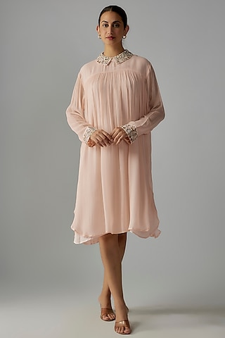 Oyster Pink Pure Georgette Hand Embroidered Tunic by Priyanka Jha