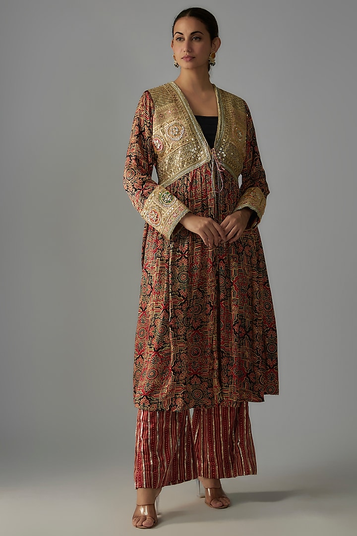 Multi-Colored Silk Ajrakh Printed & Hand Embroidered Jacket Set by Priyanka Jha