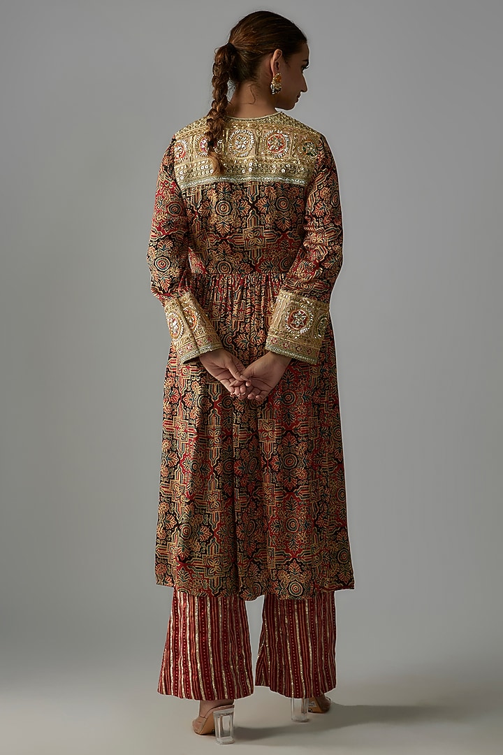 Multi-Colored Silk Ajrakh Printed & Hand Embroidered Jacket Set by Priyanka Jha at Pernia's Pop Up Shop