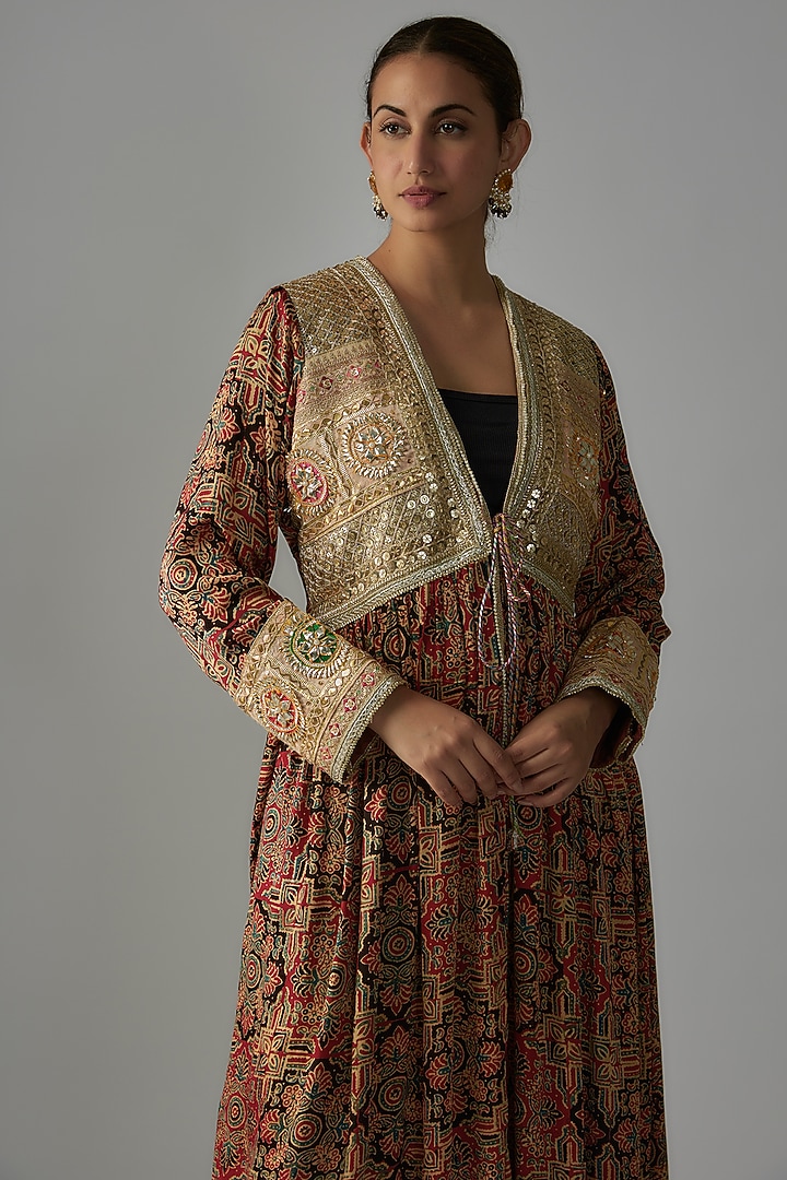 Multi-Colored Silk Ajrakh Printed & Hand Embroidered Jacket Set by Priyanka Jha at Pernia's Pop Up Shop
