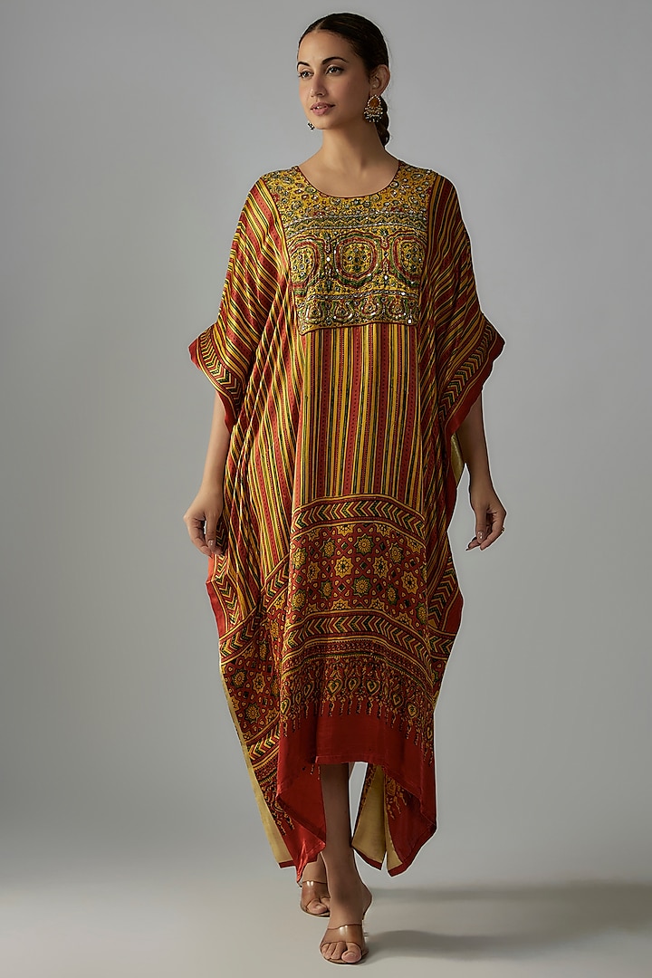 Multi-Colored Silk Hand Block Printed & Hand Embroidered Kaftan by Priyanka Jha at Pernia's Pop Up Shop