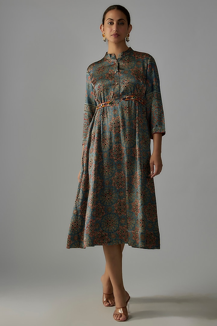 Indigo Blue Silk Hand Block Printed Summer Dress by Priyanka Jha at Pernia's Pop Up Shop