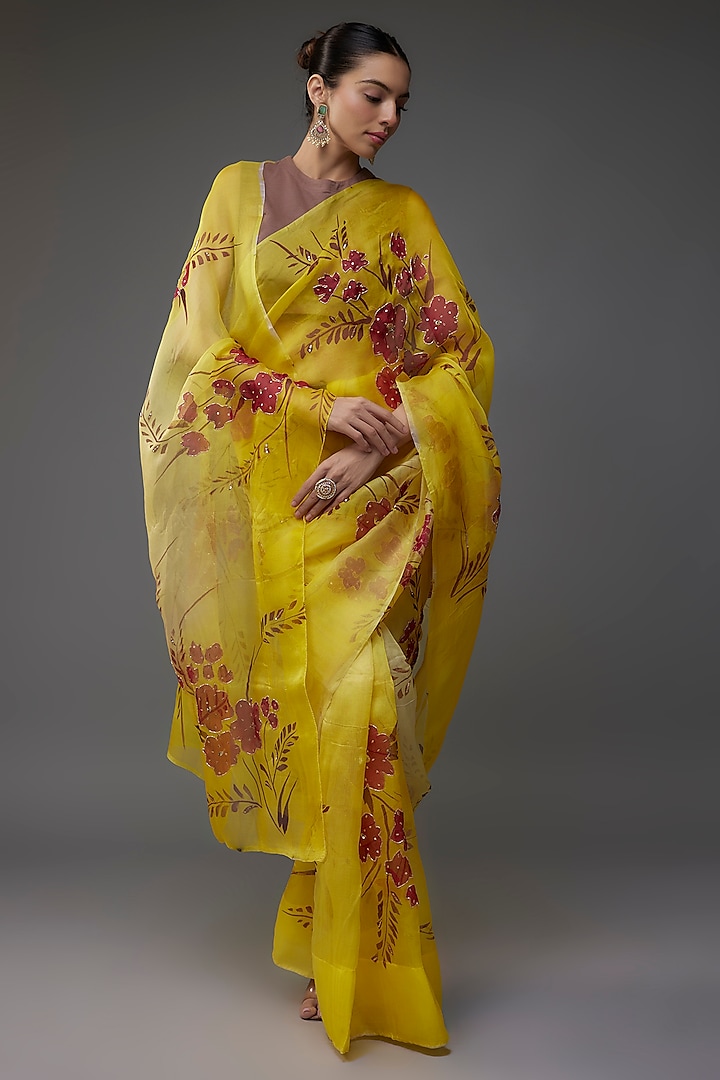 Haldi Yellow Silk Organza Hand Painted & Hand Embroidered Saree Set by Priyanka Jha