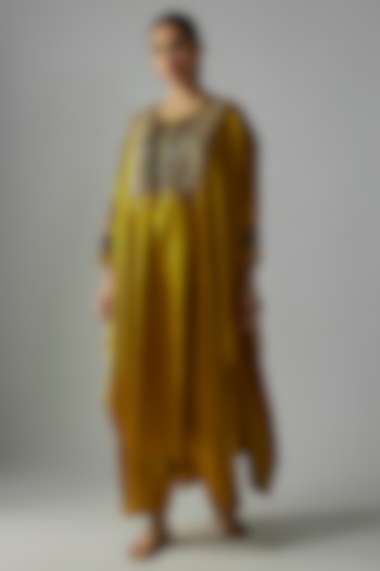 Mustard Modal Silk Hand Embroidered Kaftan Kurta Set by Priyanka Jha at Pernia's Pop Up Shop