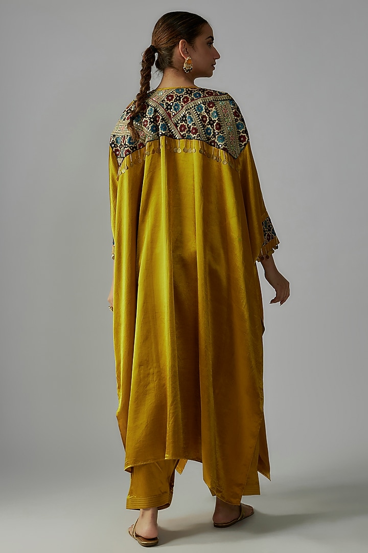 Mustard Modal Silk Hand Embroidered Kaftan Kurta Set by Priyanka Jha at Pernia's Pop Up Shop