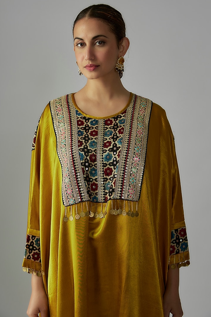Mustard Modal Silk Hand Embroidered Kaftan Kurta Set by Priyanka Jha at Pernia's Pop Up Shop