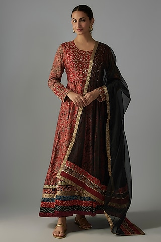 Red Modal Silk Hand Embroidered Ajrakh Anarkali Set by Priyanka Jha