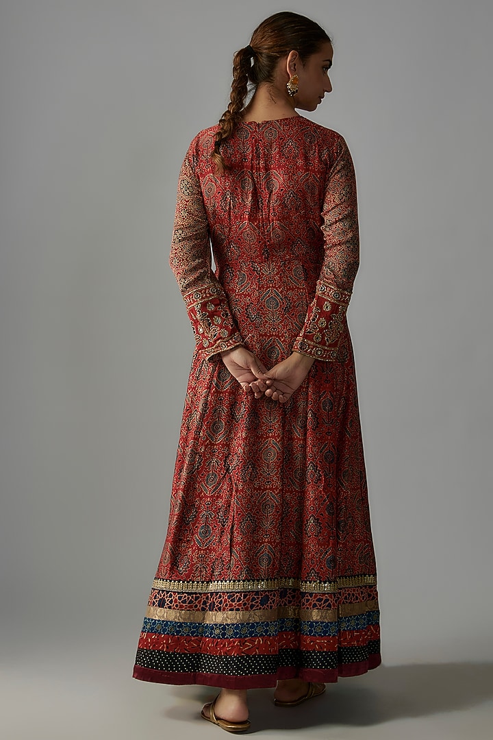 Red Modal Silk Hand Embroidered Ajrakh Party Wear Anarkali Set by Priyanka Jha at Pernia's Pop Up Shop