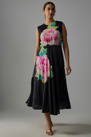 Black Pure Silk Crepe Hand Painted Dress by Priyanka Jha