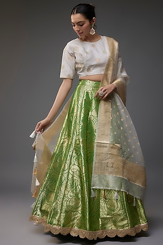 Green Brocade Banarasi Lehenga Set by Priyanka Jha