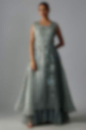 Mint Green Pure Silk Organza & Tulle Hand Painted Engagement Gown by Priyanka Jha at Pernia's Pop Up Shop