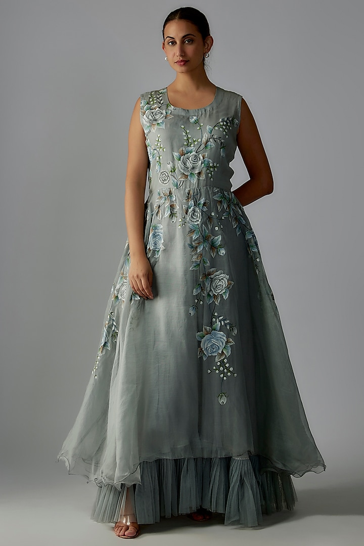 Mint Green Pure Silk Organza & Tulle Hand Painted Engagement Gown by Priyanka Jha at Pernia's Pop Up Shop