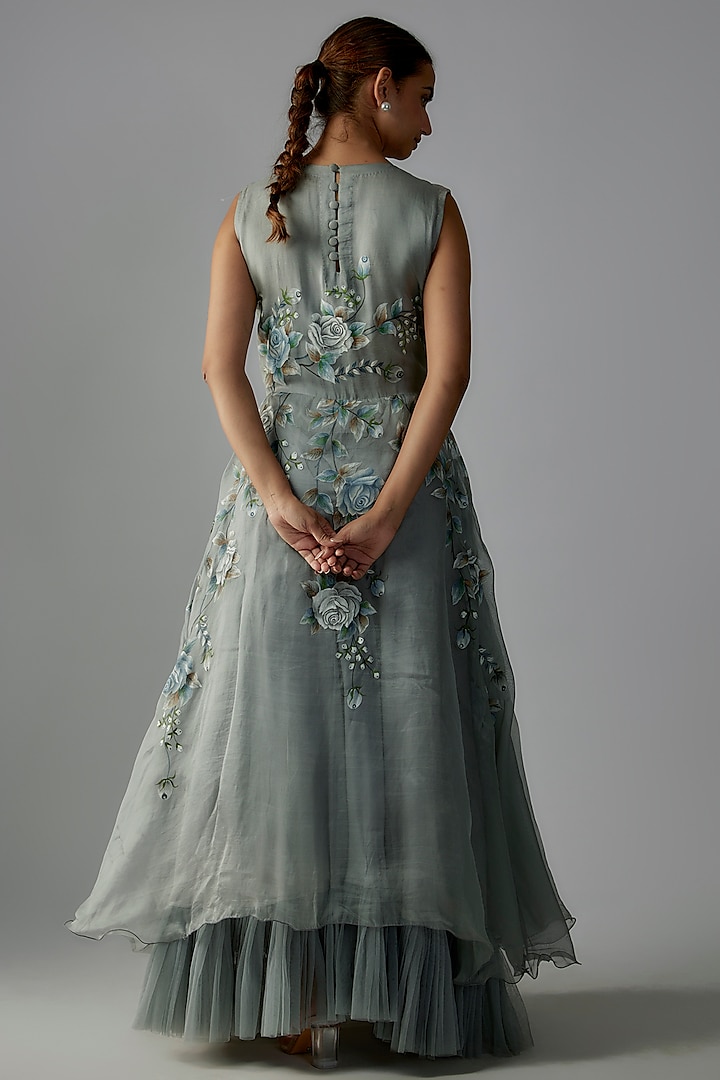 Mint Green Pure Silk Organza & Tulle Hand Painted Engagement Gown by Priyanka Jha at Pernia's Pop Up Shop