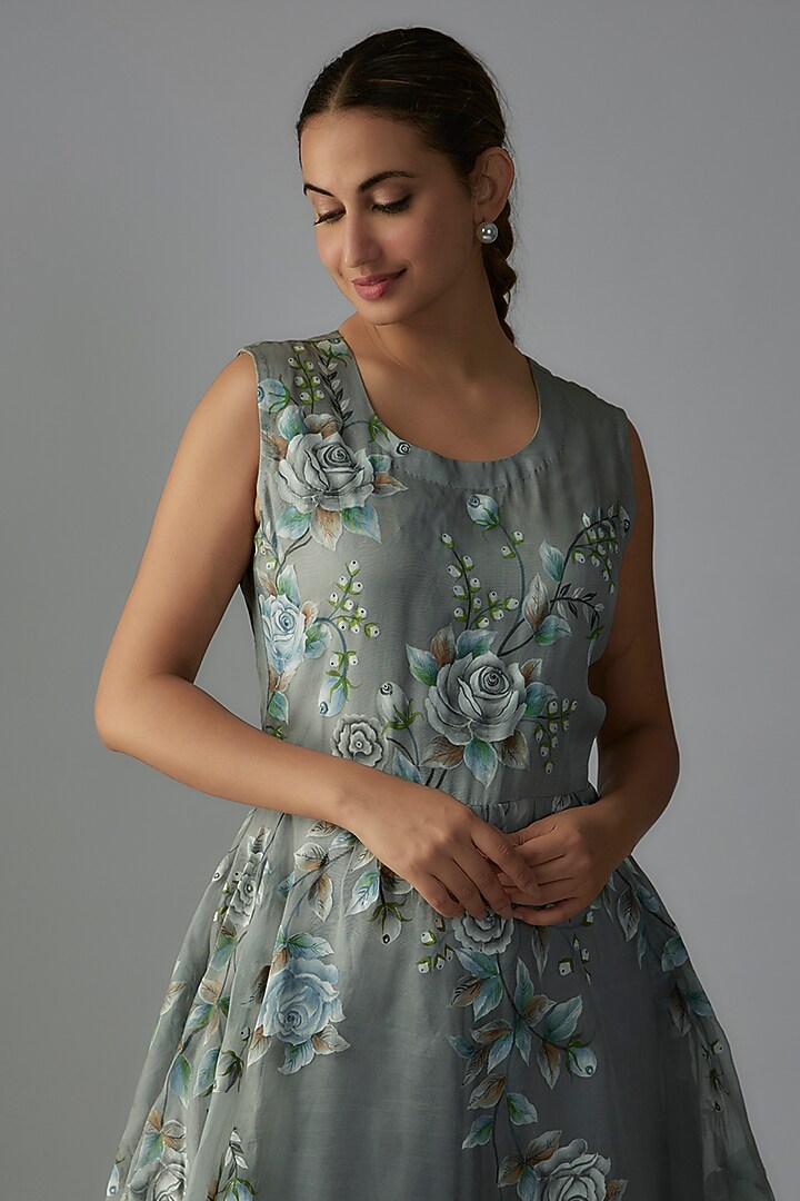 Mint Green Pure Silk Organza & Tulle Hand Painted Engagement Gown by Priyanka Jha at Pernia's Pop Up Shop