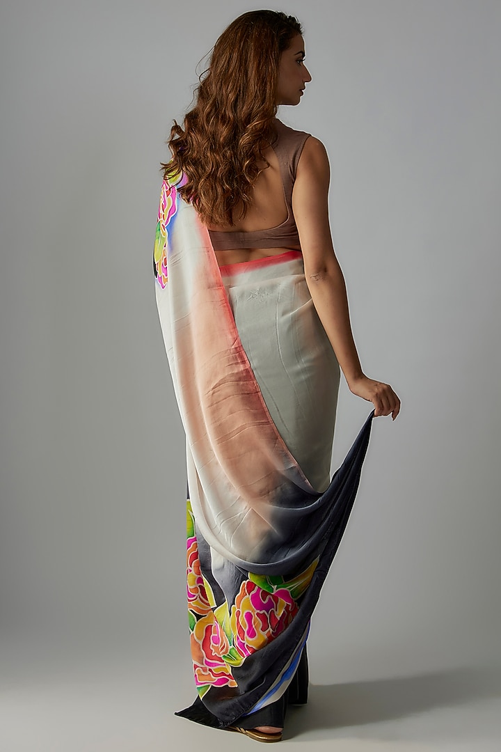 Multi-Colored Pure Silk Crepe Hand Embroidered & Hand Painted Wedding Saree Set by Priyanka Jha at Pernia's Pop Up Shop