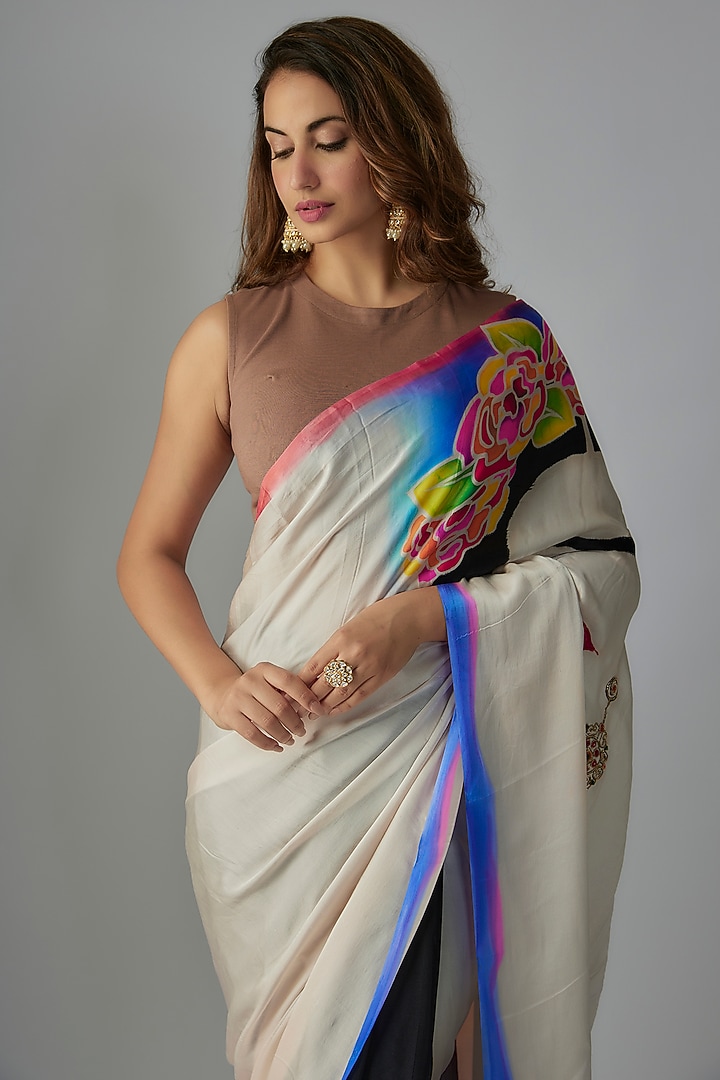 Multi-Colored Pure Silk Crepe Hand Embroidered & Hand Painted Wedding Saree Set by Priyanka Jha at Pernia's Pop Up Shop