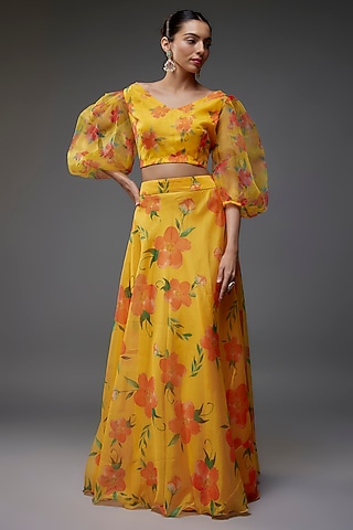 Bright Yellow Organza Floral Skirt Set by Priyanka Jha