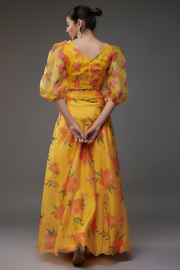 Bright Yellow Organza Floral Skirt Set by Priyanka Jha at Pernia's Pop Up Shop
