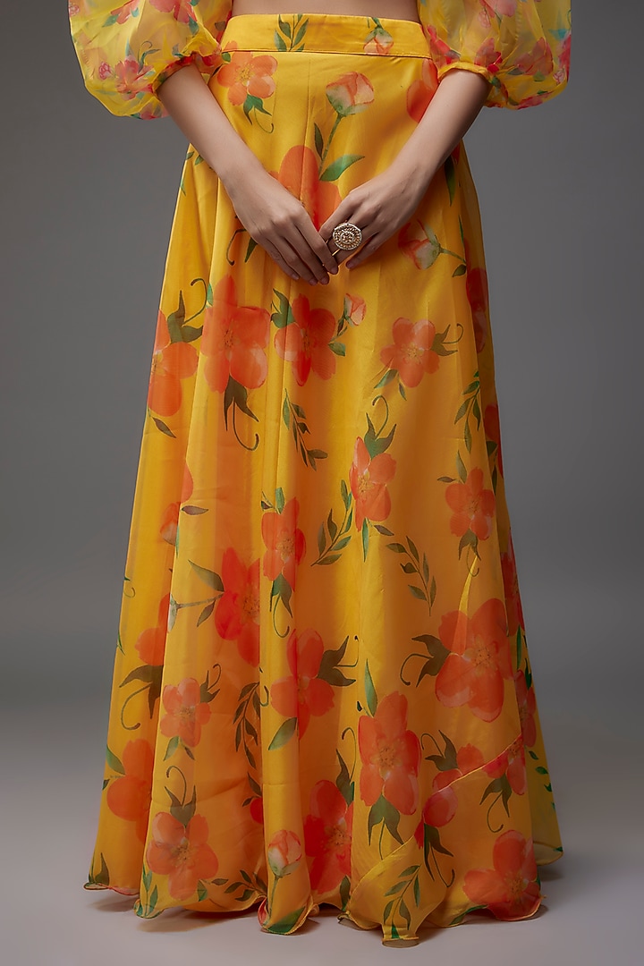 Bright Yellow Organza Floral Skirt Set by Priyanka Jha at Pernia's Pop Up Shop