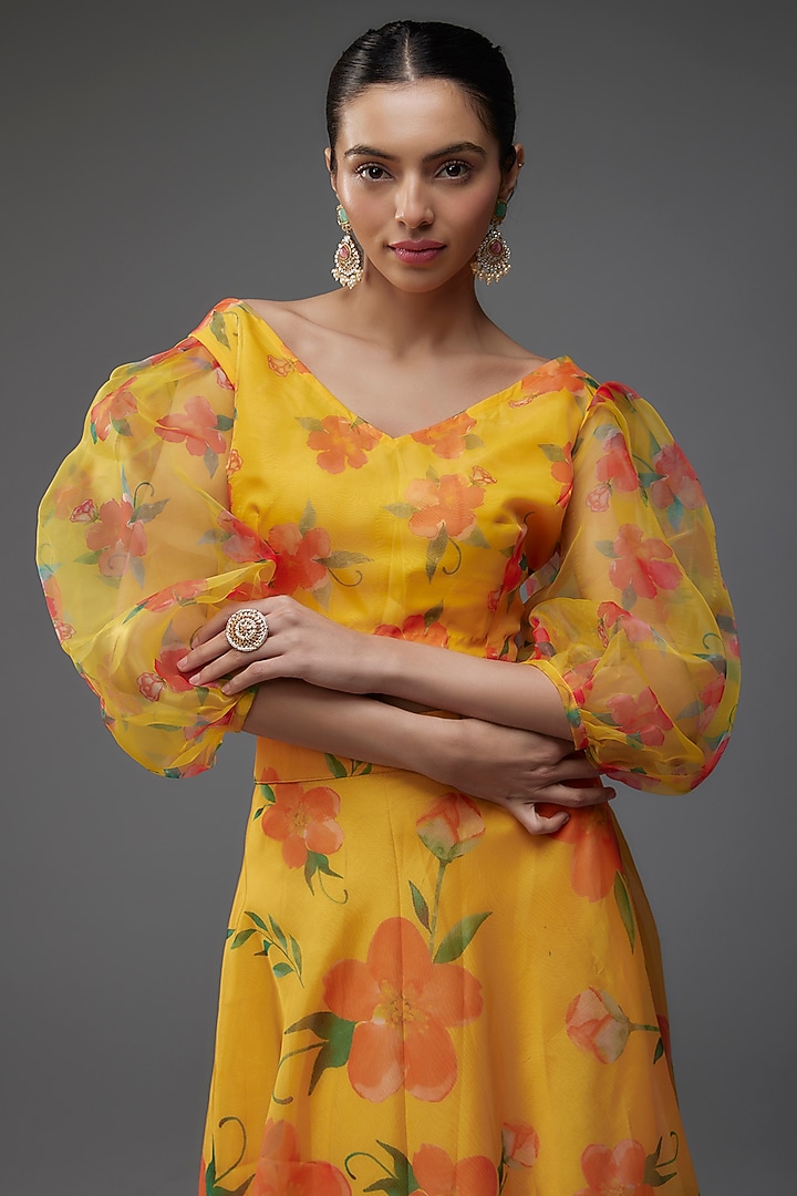 Bright Yellow Organza Floral Skirt Set by Priyanka Jha at Pernia's Pop Up  Shop
