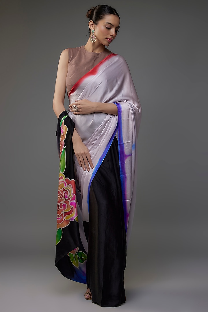 Multi-Colored Pure Silk Satin Hand Painted Saree Set by Priyanka Jha