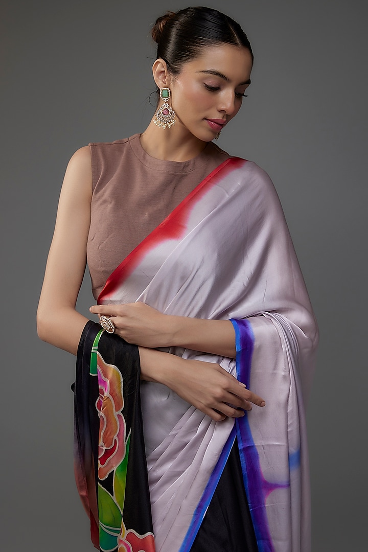 Multi-Colored Pure Silk Satin Hand Painted Wedding Saree Set by Priyanka Jha at Pernia's Pop Up Shop