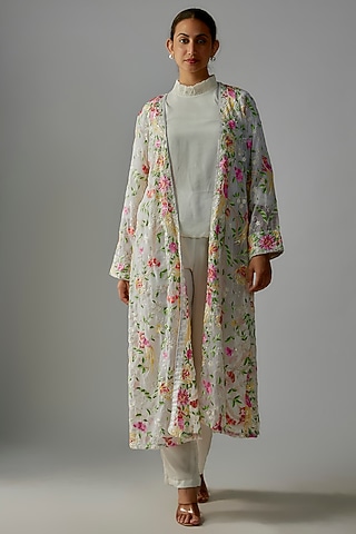 White Pure Georgette Embroidered Front Open Jacket Set by Priyanka Jha
