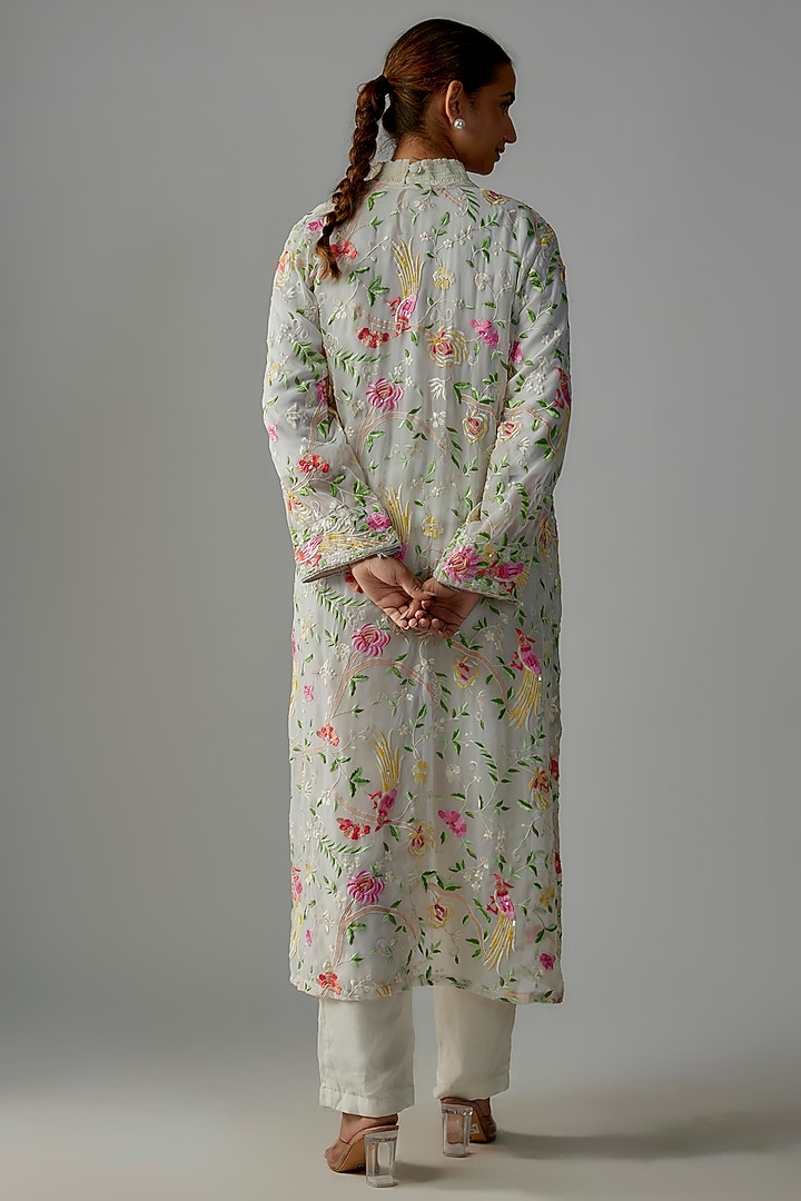 White Pure Georgette Embroidered Front Open Jacket Set by Priyanka Jha at Pernia's Pop Up Shop