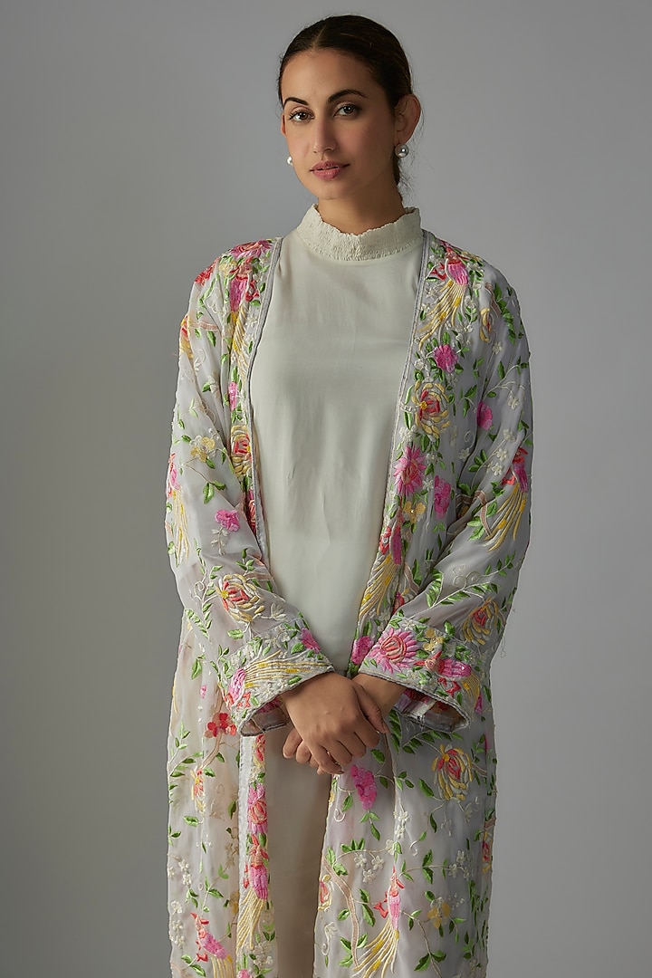 White Pure Georgette Embroidered Front Open Jacket Set by Priyanka Jha at Pernia's Pop Up Shop