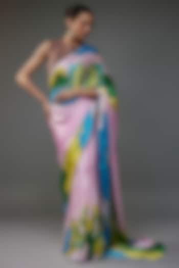 Multi-Colored Pure Silk Satin Hand Painted Saree Set by Priyanka Jha