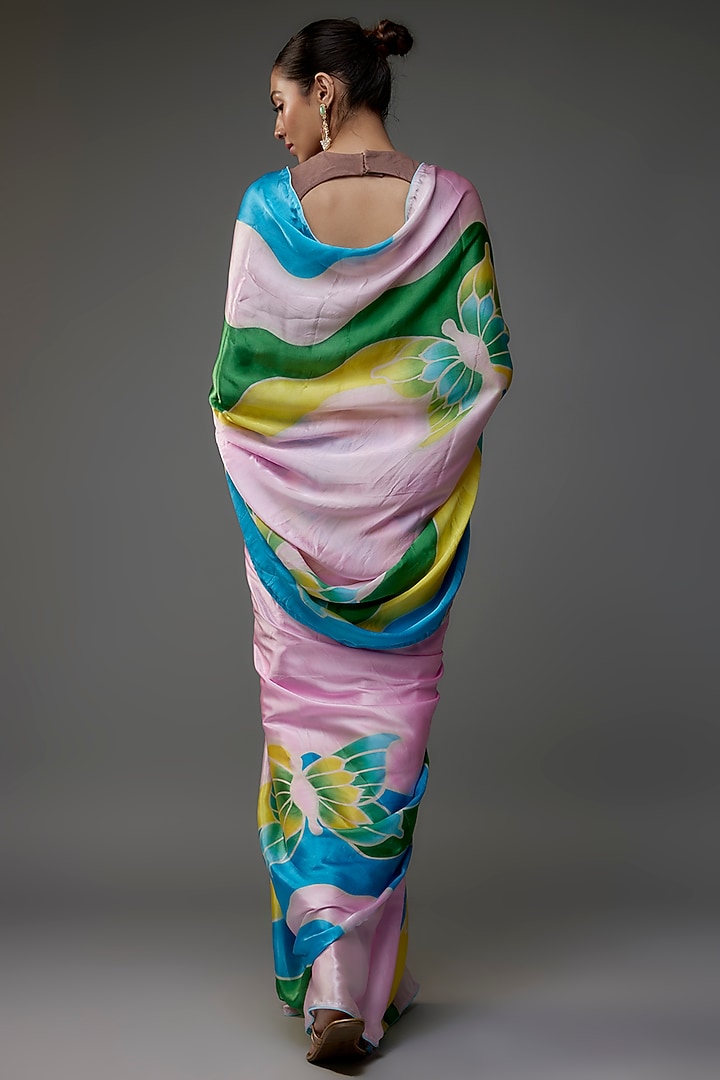 Multi-Colored Pure Silk Satin Hand Painted Wedding Saree Set by Priyanka Jha at Pernia's Pop Up Shop