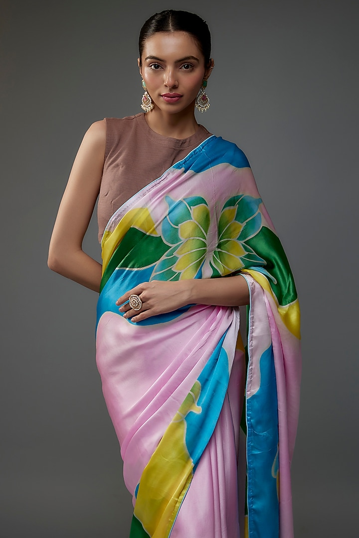 Multi-Colored Pure Silk Satin Hand Painted Wedding Saree Set by Priyanka Jha at Pernia's Pop Up Shop