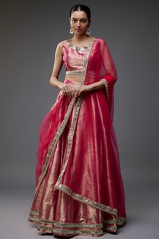 Rani Pink Brocade Banarasi Lehenga Set by Priyanka Jha