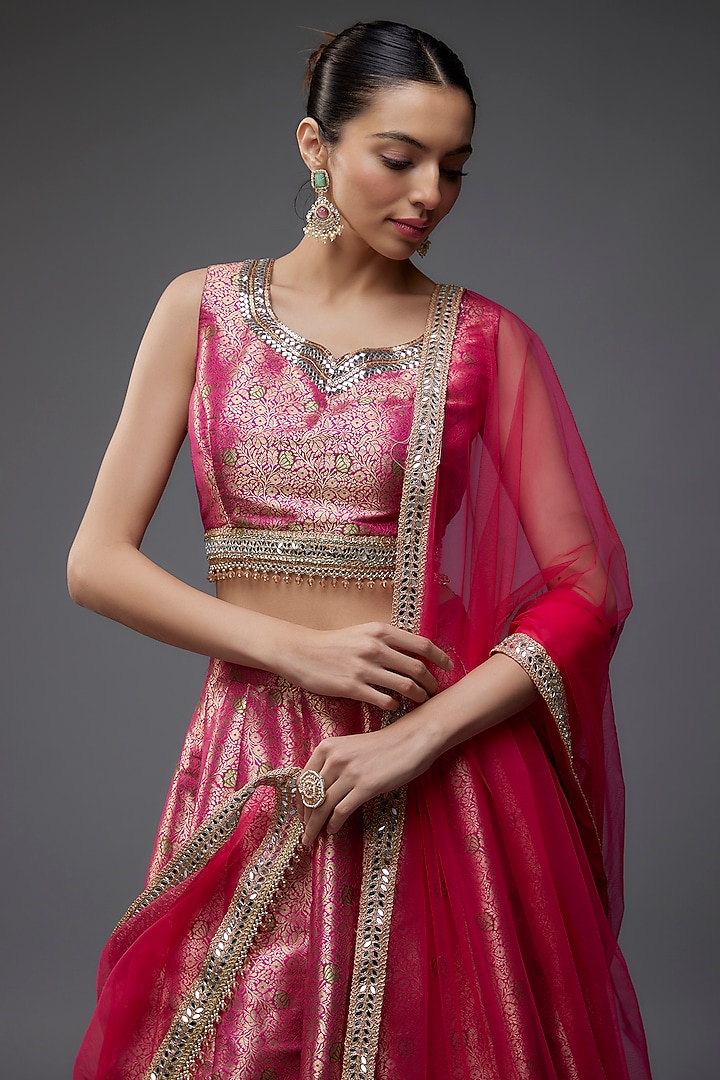 Rani Pink Brocade Banarasi Wedding Lehenga Set by Priyanka Jha at Pernia's Pop Up Shop