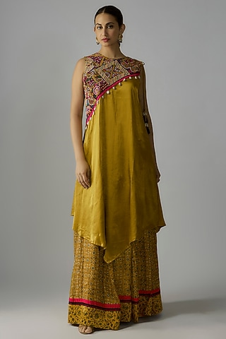 Mustard Modal Silk Ajrakh Hand Block Printed Skirt Set by Priyanka Jha