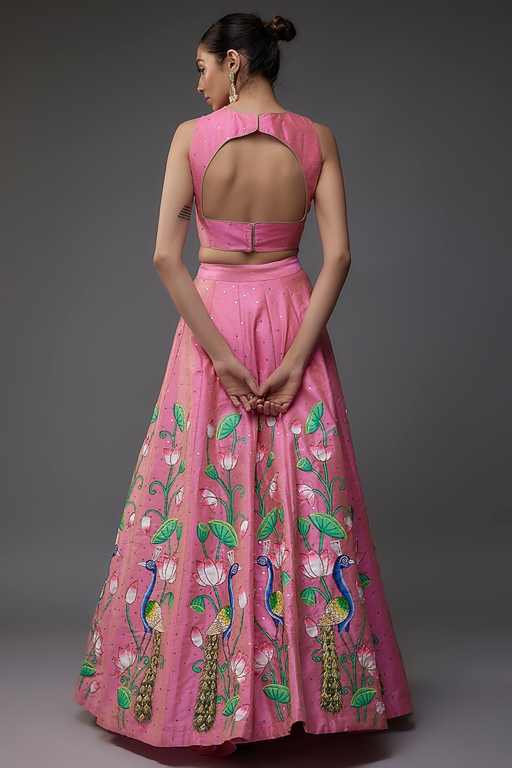 Pink Silk Dupion Hand Painted Wedding Lehenga Set by Priyanka Jha at Pernia's Pop Up Shop