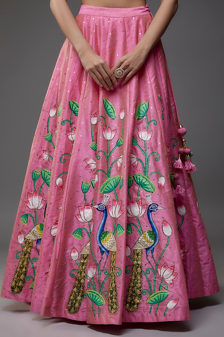 Pink Silk Dupion Hand Painted Wedding Lehenga Set by Priyanka Jha at Pernia's Pop Up Shop