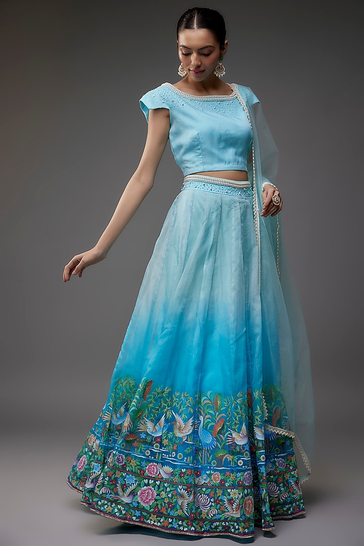 Blue Organza Hand Painted & Hand Embroidered Ombre Wedding Lehenga Set by Priyanka Jha at Pernia's Pop Up Shop