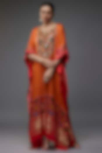 Yellow Modal Silk Digital Printed & Hand Embroidered Kaftan by Priyanka Jha at Pernia's Pop Up Shop