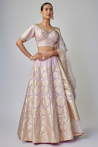 Pale Lilac Banarasi Organza Lehenga Set by Priyanka Jha