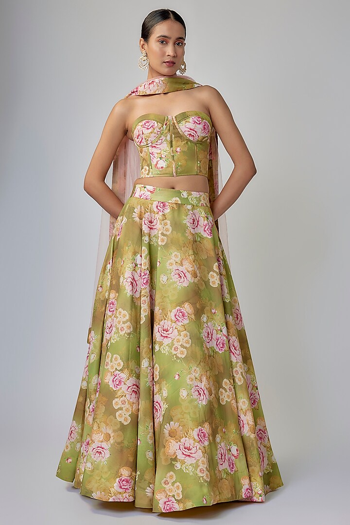 Olive Green Satin Floral Printed Lehenga Set by Priyanka Jha at Pernia's Pop Up Shop