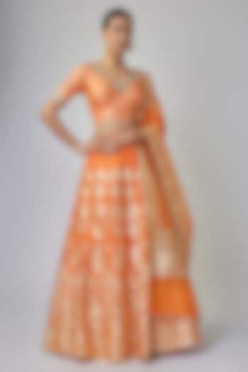 Orange Banarasi Organza Wedding Lehenga Set by Priyanka Jha at Pernia's Pop Up Shop