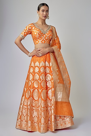 Orange Banarasi Organza Lehenga Set by Priyanka Jha