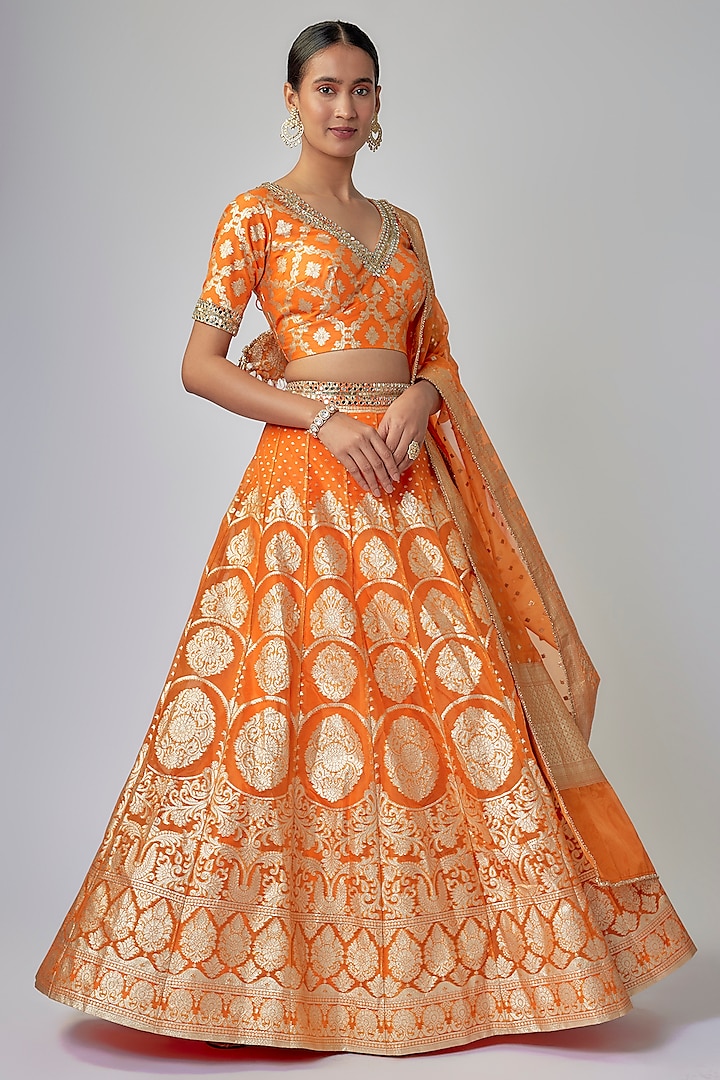 Orange Banarasi Organza Wedding Lehenga Set by Priyanka Jha at Pernia's Pop Up Shop